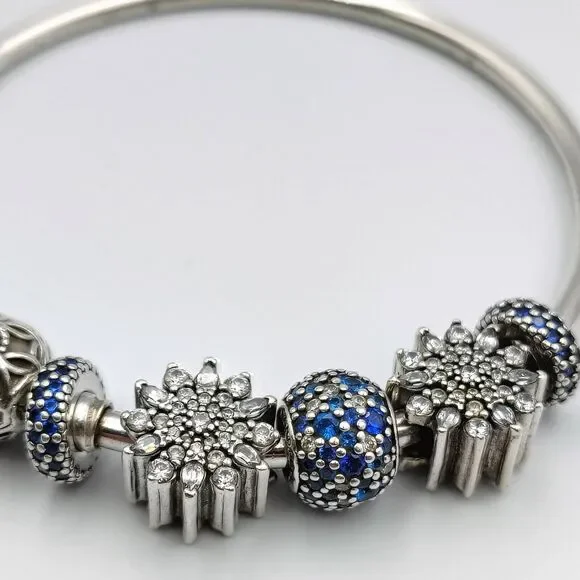Pandora Sterling 925 Pattern Of Love Bangel Bracelet 5 Charms Clear & Blue CZ